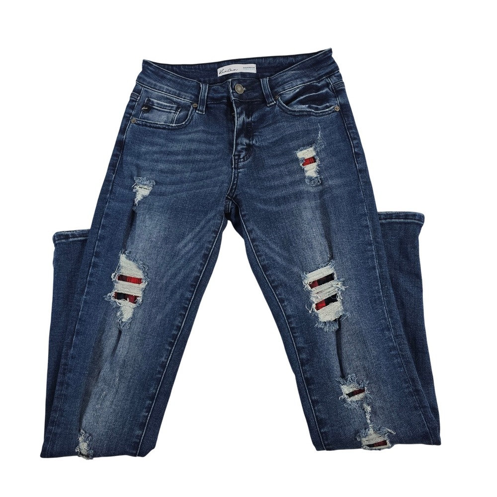 KanCan Women‎ Jeans Distressed Medium Wash Plaid Patch Denim Pants Size 26